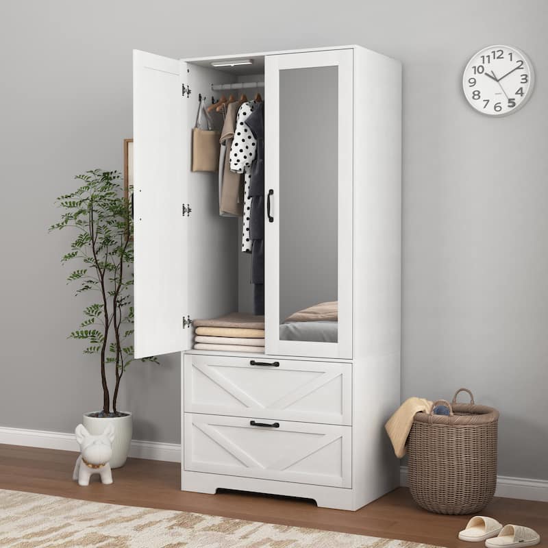 2 Door Wood Wardrobe with Hanging Clothing Rod inside the Cabinet and 2 Drawers, Multifunctional Closet with Mirror