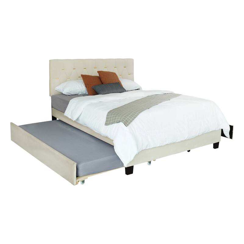 Beige Velvet Queen Bed with Twin Trundle and 2 Storage Drawers