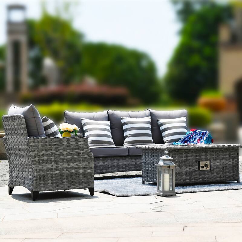 Abrihome 5-piece Wicker Patio Garden Furniture Sofa Set with Gas Fire Pit