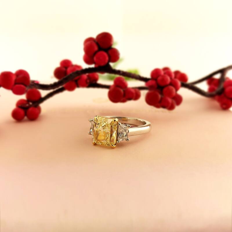 Auriya Platinum 3 3/5CTW 3 Stone Radiant Yellow Diamond Engagement Ring in (E, VS1)