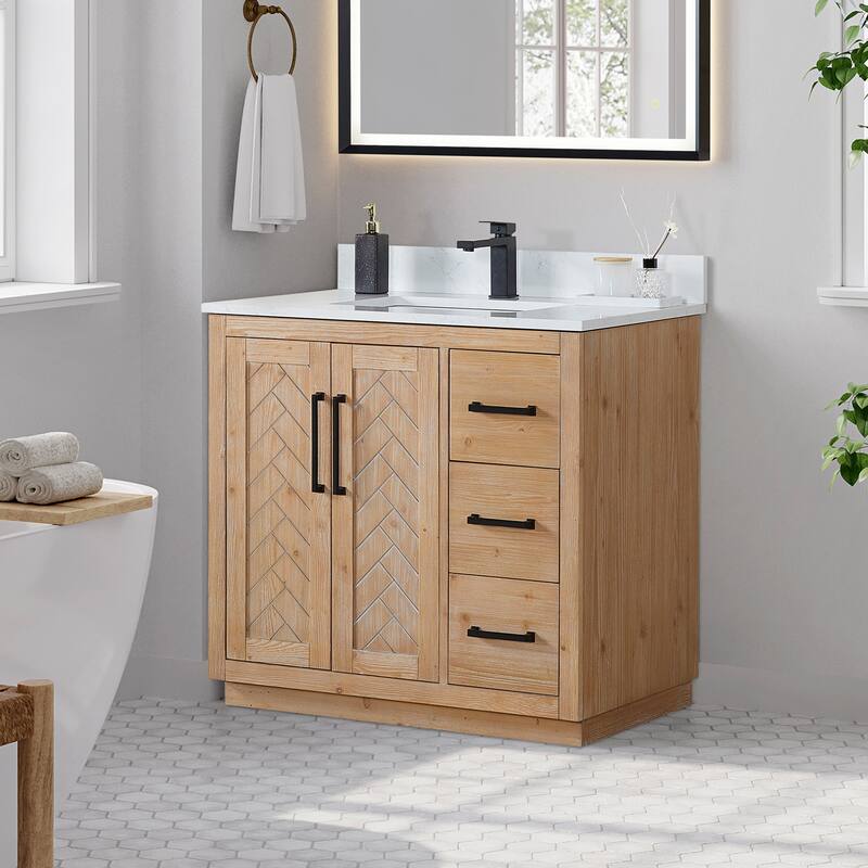 Anais 3Single Bathroom Vanity in Light Brown with Grain White Engineered Stone Countertop without Mirror