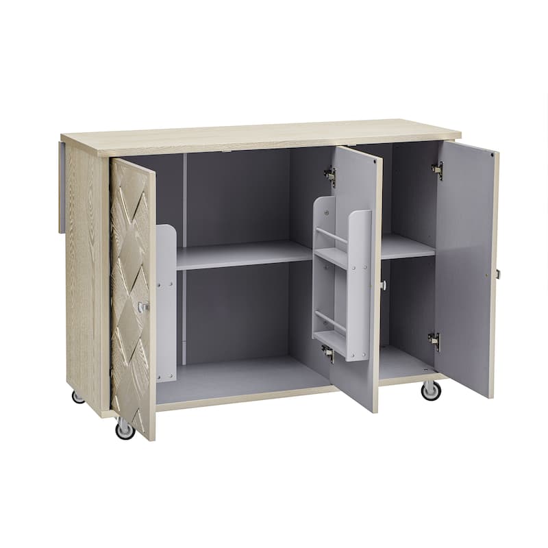 51.2" Wood Rolling Kitchen Island w/ Drop Leaf, Internal Storage Rack