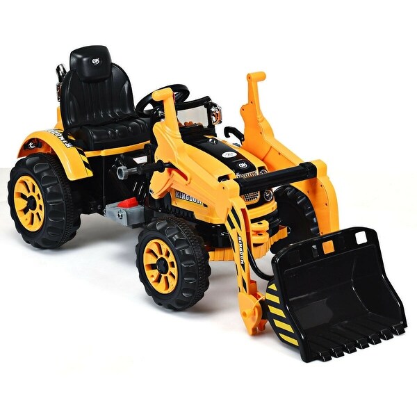costway 12v battery powered kids ride on excavator truck with front loader digger yellow