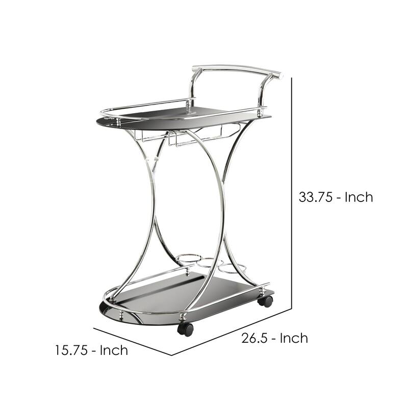 Dazzling Serving Cart With 2 Black Glass Shelves, Silver