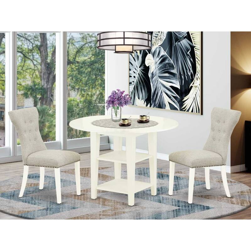 HomeStock 3-Piece Linen White Finish Solid Wood Top Dining Table Set