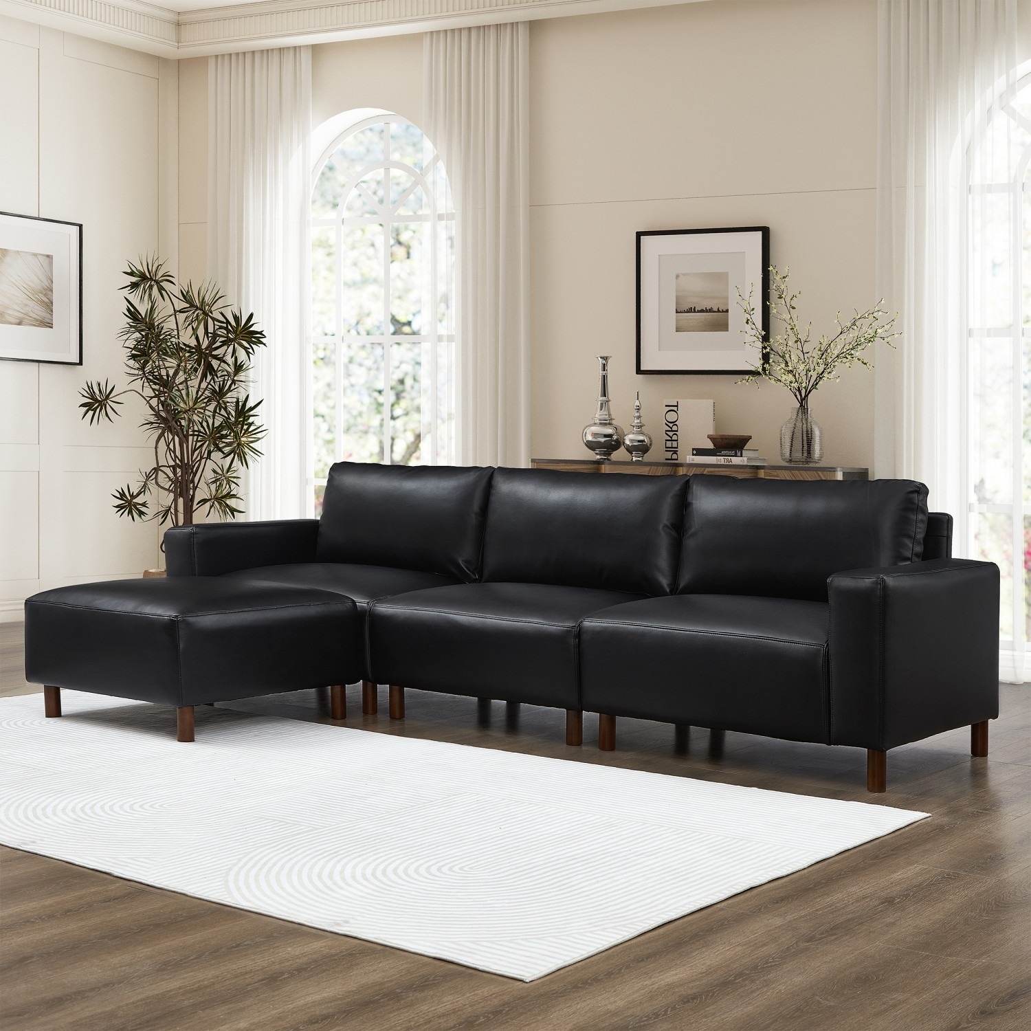Modern PU Leather L Shape Luxury Sectional Sofa with Convertible Ottoman Chaise