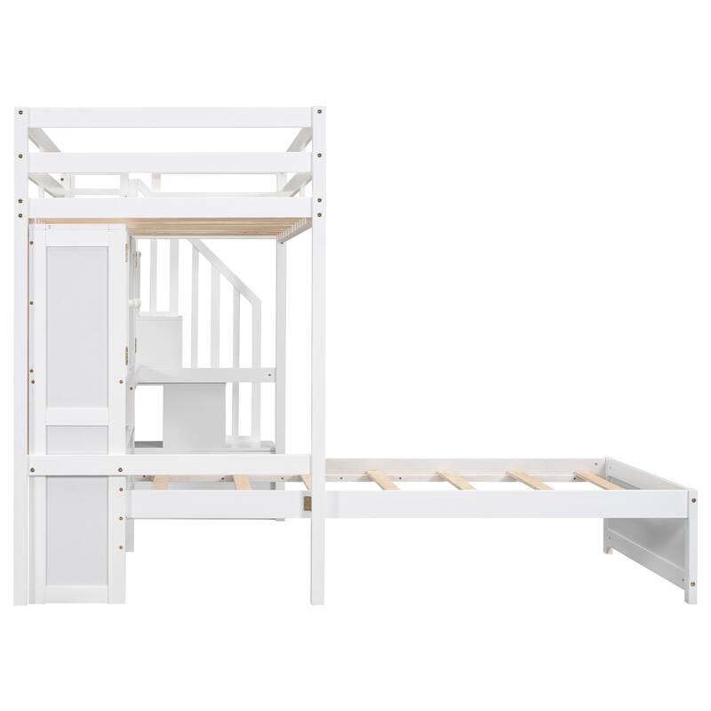 Twin over Twin Solid Wood Bunk Bed Set with Stair Storage, Built-in Desk, Shelving, and Headboard Compartment