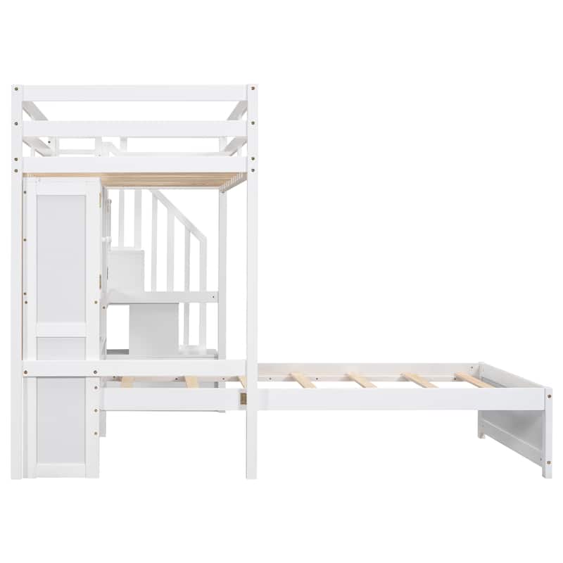 White Twin over Twin Loft Bed with Built-in Desk, Staircase & Storage