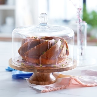 Libbey Acaciawood Footed Round Wood Server Cake Stand with Glass Dome - Set of 2