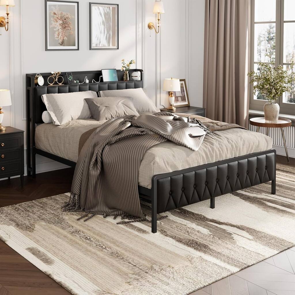 Upholstered Storage & Metal Frame Platform Bed with Charging Station, 3 Sizes