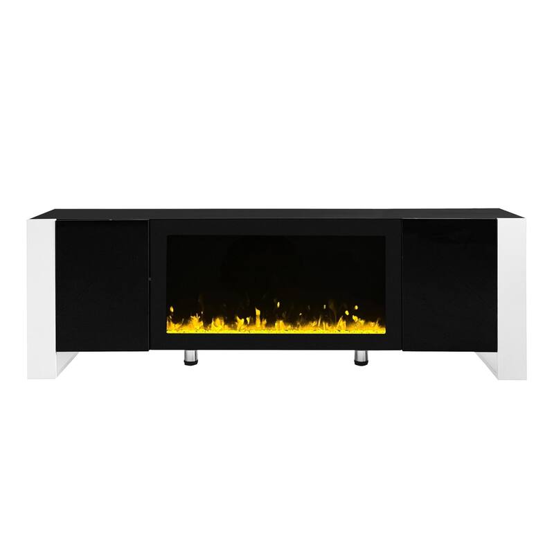 Glossy TV Stand with Non-Heating Electric Fireplace, 2 Cabinets