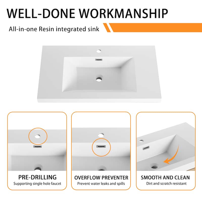Bathroom Vanity With Resin Sink In 36/42/48 Inch, Freestanding Bathroom Vanity With Soft Close Doors And Shelf
