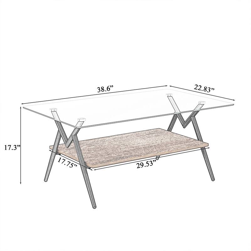 Modern Rectangle Coffee Table with Tempered Glass top and Metal Legs