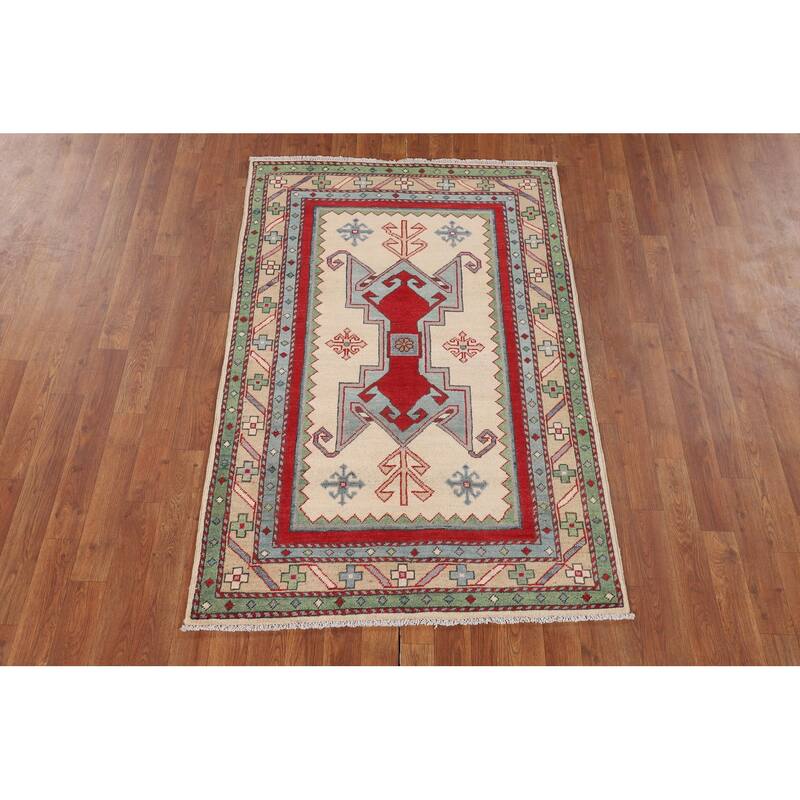 Ivory Kazak Accent Rug Handmade Wool Carpet - 3'4" x 5'0"