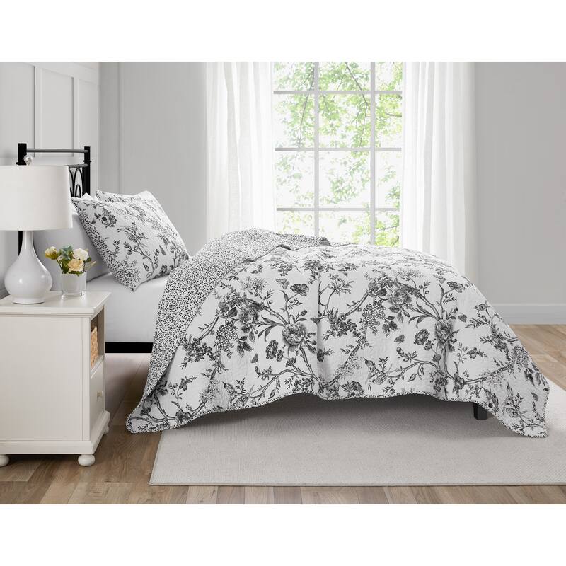 CEDAR COURT Chantilly Toile Floral All-Season Reversible Cotton Quilt Set