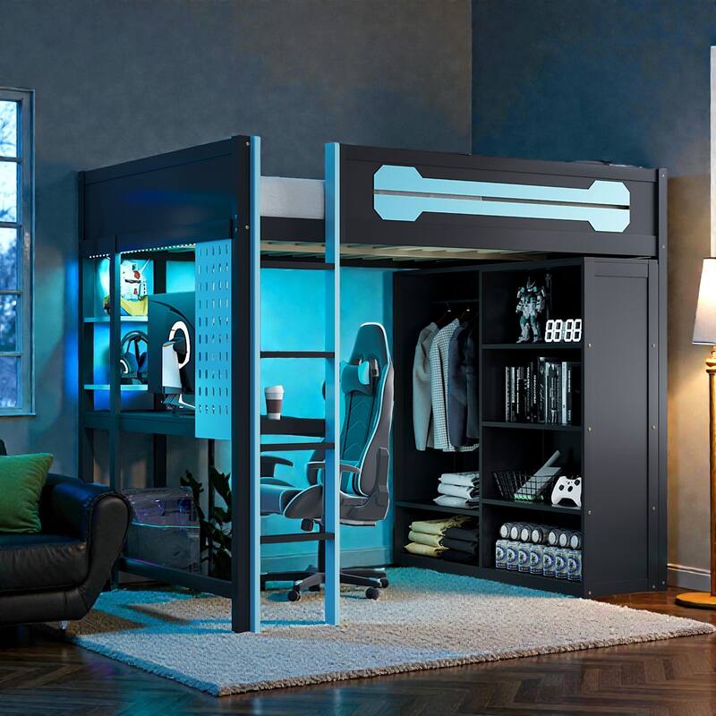 Full Size Wood Loft Bed with Desk, Open Wardrobe and Shelves, RGB LED Light, USB Ports and Power Outlets - Blue - Full