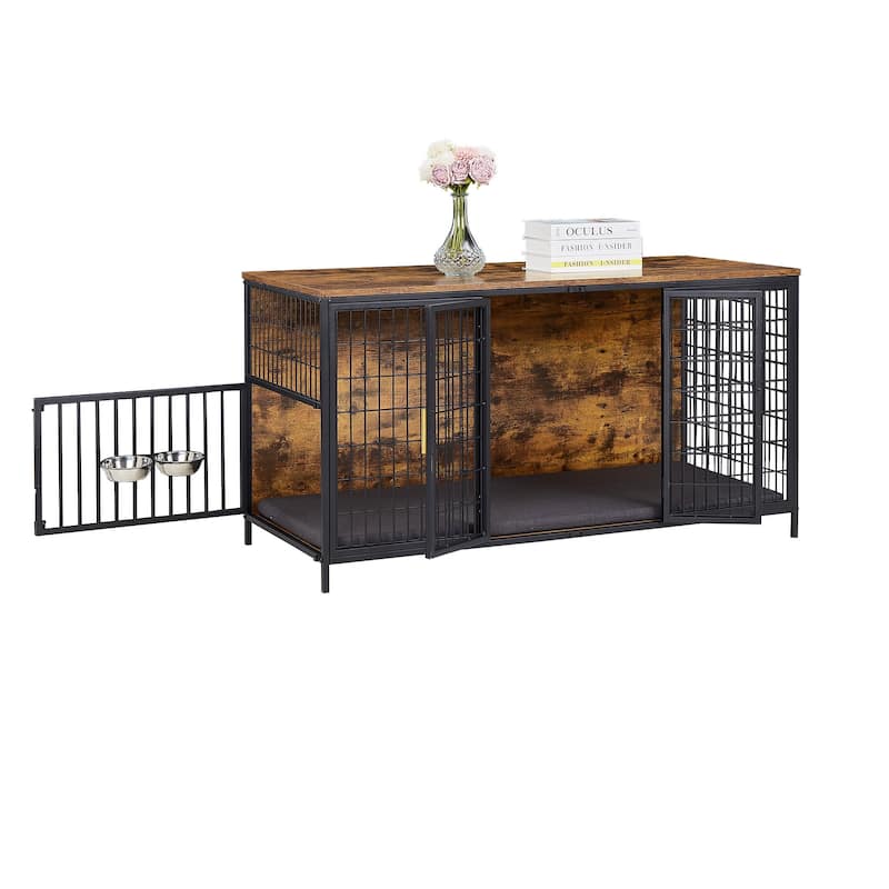 Dog Crate Furniture, Dog Cage Wooden Kennel Table with Double Doors, Indoor Dog House