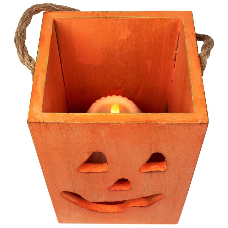Small Orange Wood Jack O Lantern Halloween Candle Lantern - 6.25"