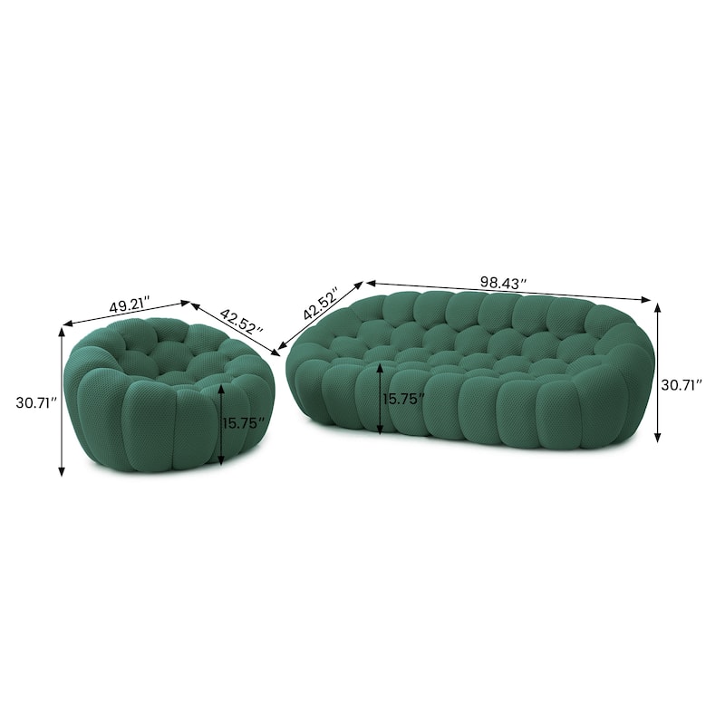 2PCS 3D Honeycomb Fabric Upholstered Bubble Sofa, 3 Seater Bubble Couch and Single Sofa for Living Room