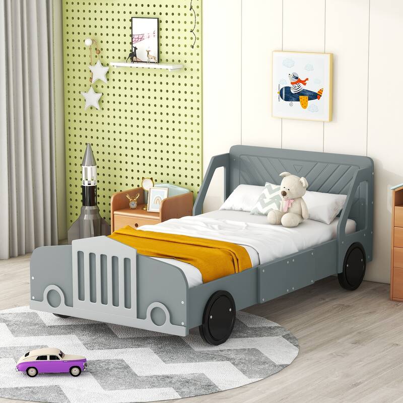 Car-Shaped Platform Bed Wood Low Profile Bed with Slat and Wheels - Gray - Twin