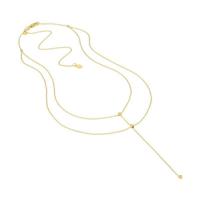 Curata 14k Yellow Gold Double Strand Connecting Bead Adjustable Choker Necklace (Lobster), 17"