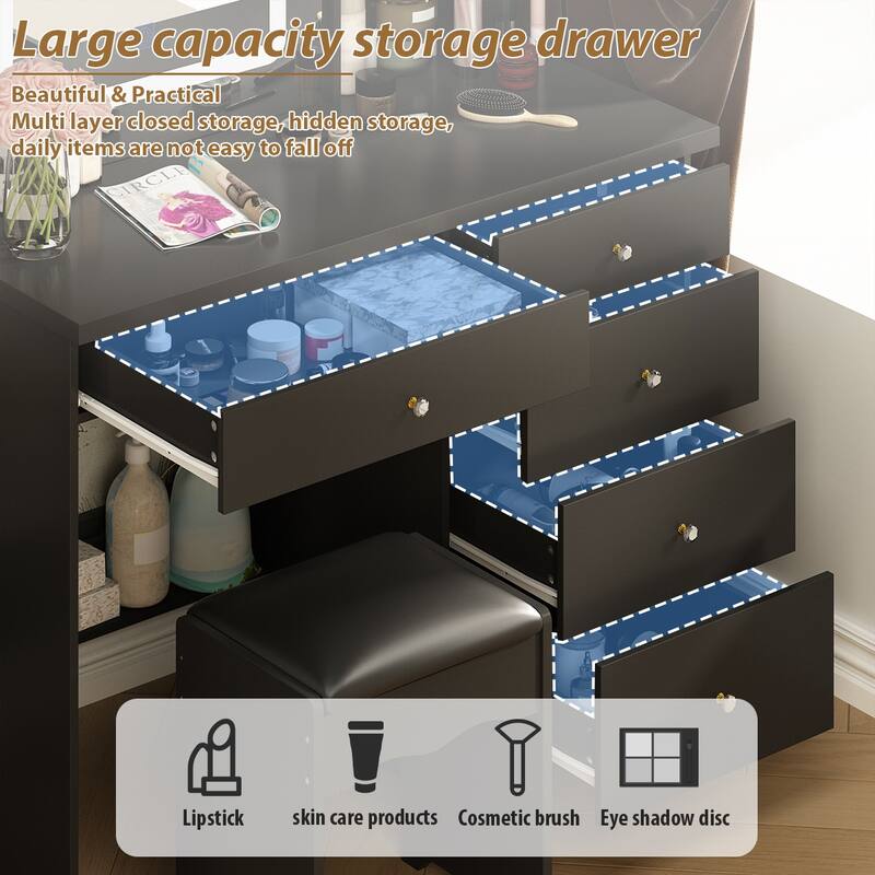 Makeup Vanity Set with Stool and 3 Color Touching Mirror Dresser Table - 39.4"W