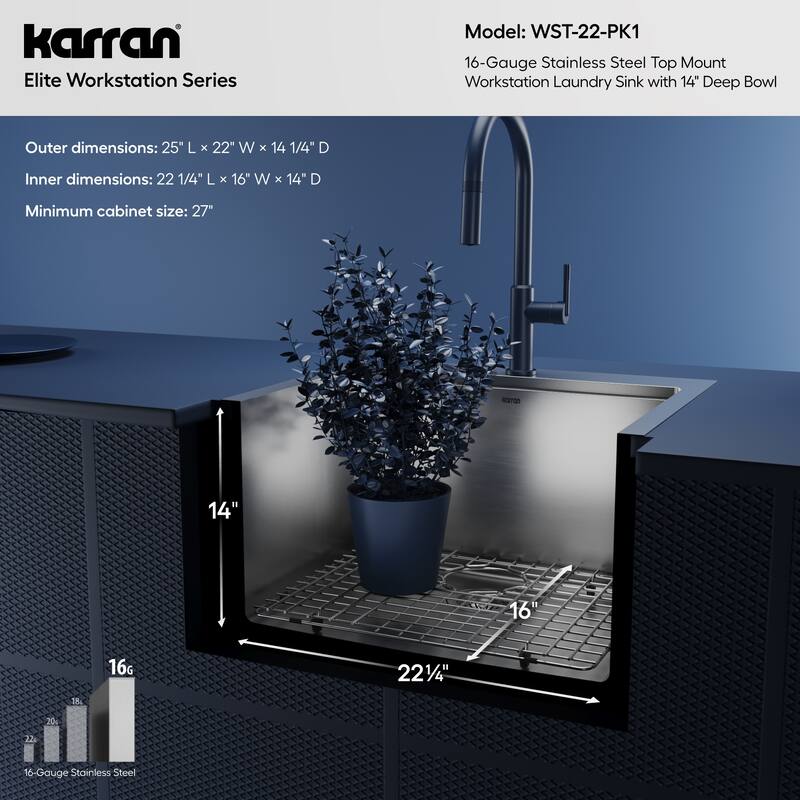 Karran Elite WST-22-PK1 Top Mount 25" Single Bowl Stainless Steel Workstation Kitchen Sink with Deeper Bowl