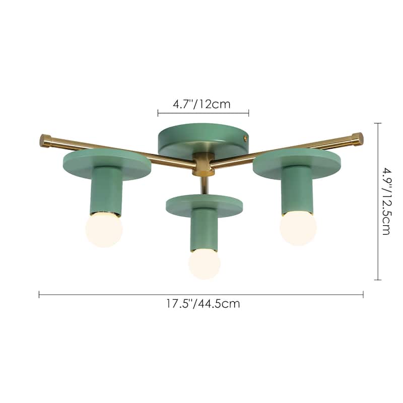 17.5" W 3-Light Modern Green/Black Sputnik Metal Wooden Semi-flush Mount Ceiling Light for Living Room, Bedroom
