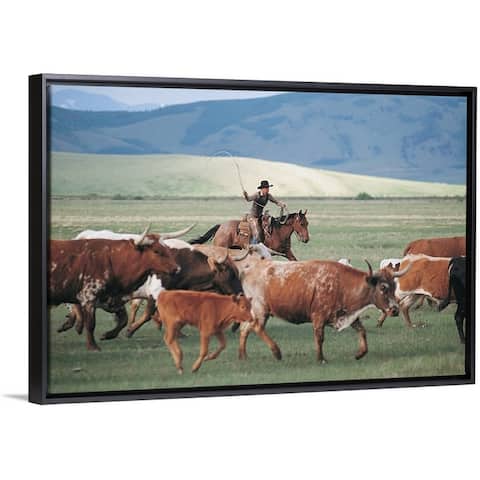 "Cowboy and cattle" Black Float Frame Canvas Art
