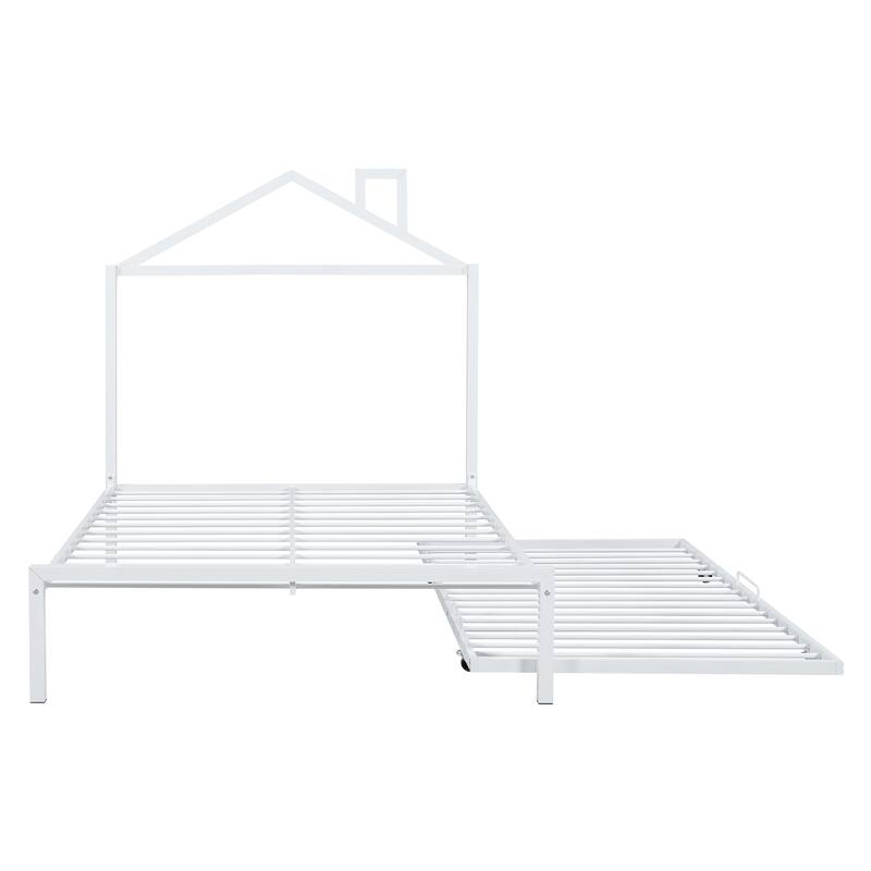 Metal Platform Bed with Twin Size Trundle,House-Shaped Headboard