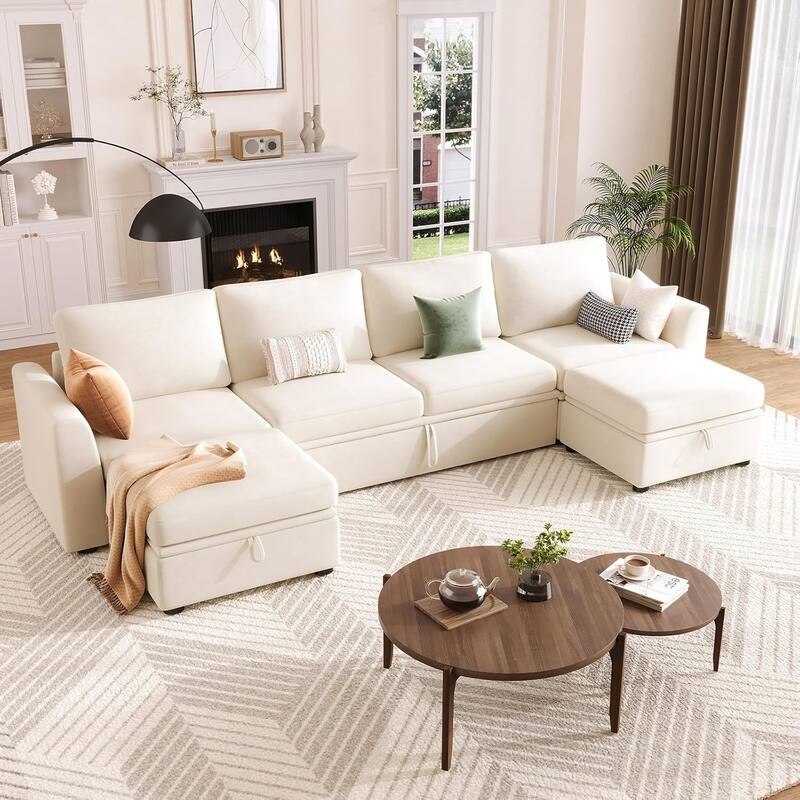 Sectional Sleeper Sofa with Pull Out Bed, Chenille Modular Sectional Couch