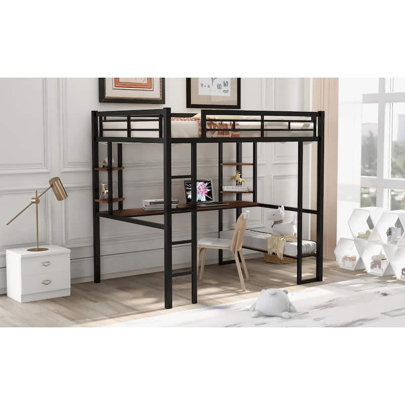 Metal Full Size Loft Bed with Long Desk & Shelves, Heavy Duty Stee