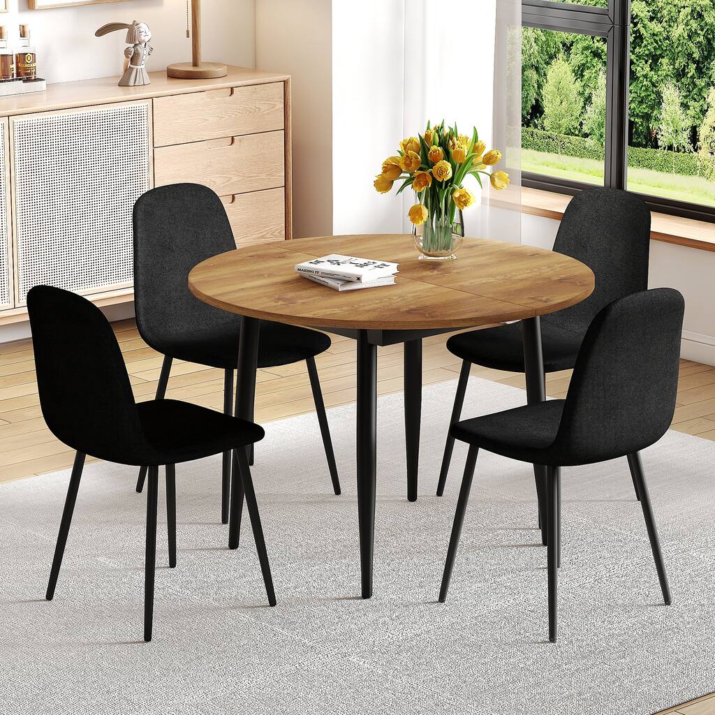 Rustic Extendable Dining Set with 4 Black Linen-Cotton Dining Chairs