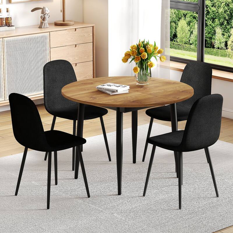 Wood Kitchen Table Set with 4 Chairs, 5-Piece Round Dining Set with Extendable Dining Table for Dining Room
