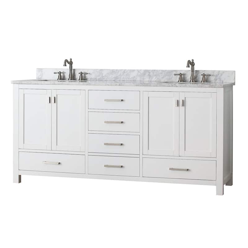 Modero 72 in. Double Sink Bathroom Vanity in White with Carrara Marble Top - 73"W x 22"D x 35"H