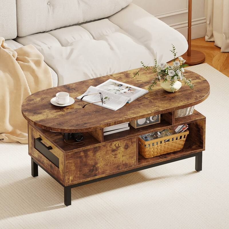 Costway 47” Oval Top Coffee Table with 4 Open Compartments & Drawer, 5 - See Details