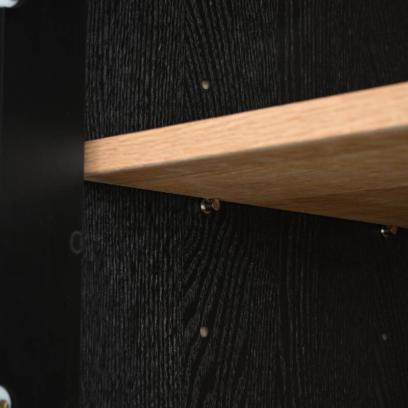 Roomfitters 73.25'' Vintage Display Cabinet with Glass Doors, Mid-Century Pantry Cabinet with Storage, Black & Natural