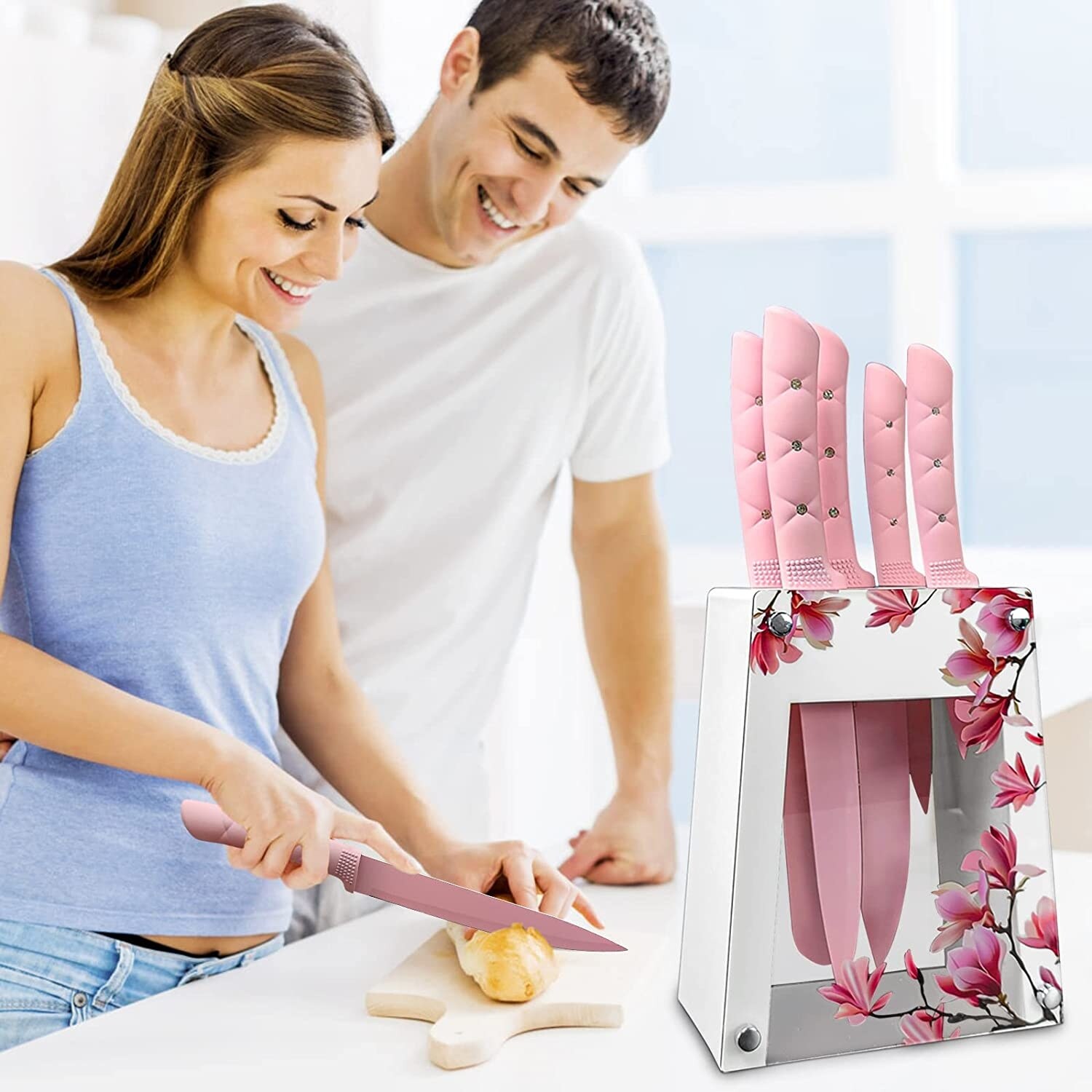 Kitchen Knife Set,Pink Flower 6 pieces Stainless Steel Sharp Chef Knife Set  with Acrylic Stand, Cooking Non-slip Knife Set with Block, Non-stick