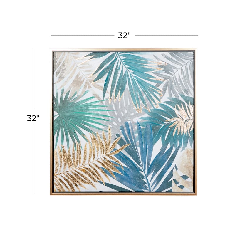 Canvas Leaf Tropical Living Room Framed Wall Art with Gold Frame - Blue - Roche River Decor
