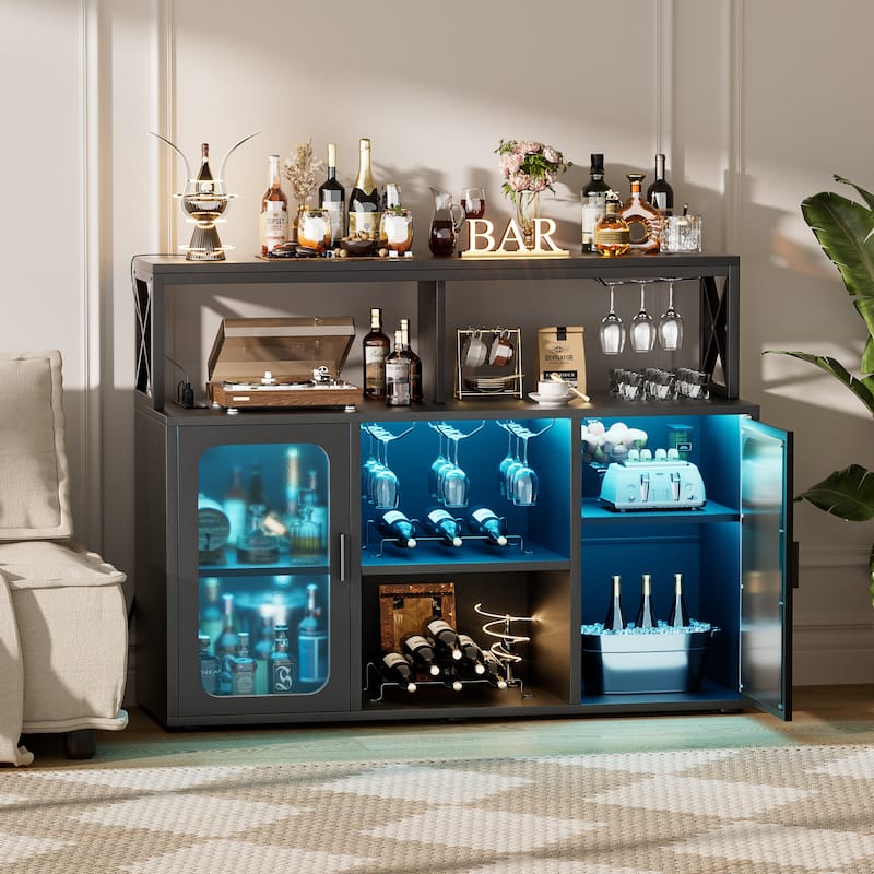 Buffet Sideboard Cabinet Wood Coffee Bar Cabinet with Charging Station and LED lights