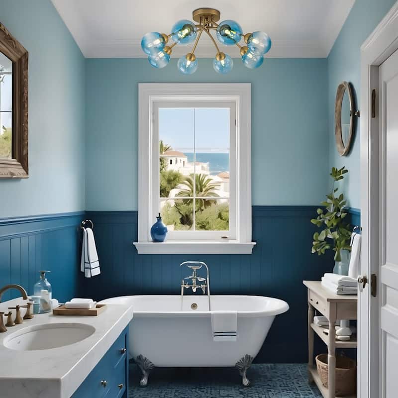 Mid-Century Blue Glass Globe Round Sputnik Ceiling Light 27in