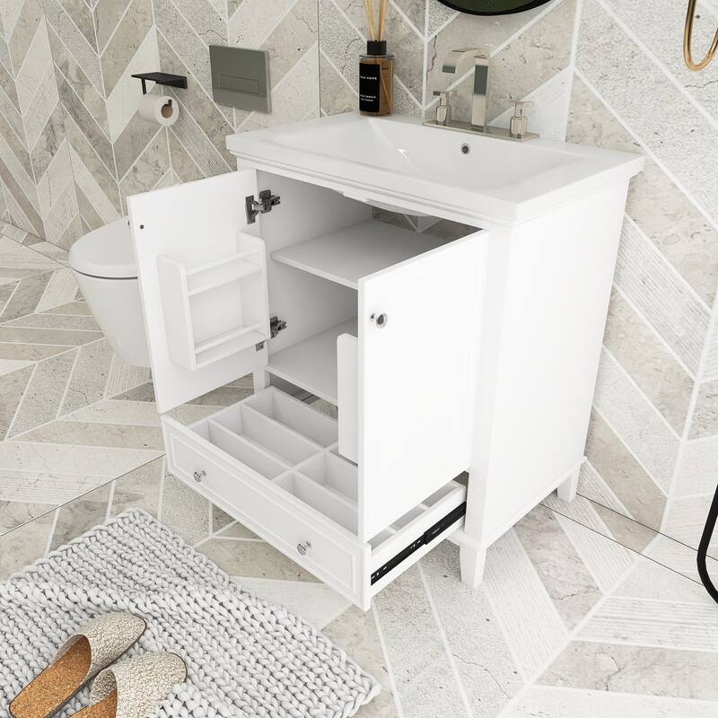 34.8" Tall Solid Wood with MDF 2-Door Freestanding in White with Basin - 30" x 18"
