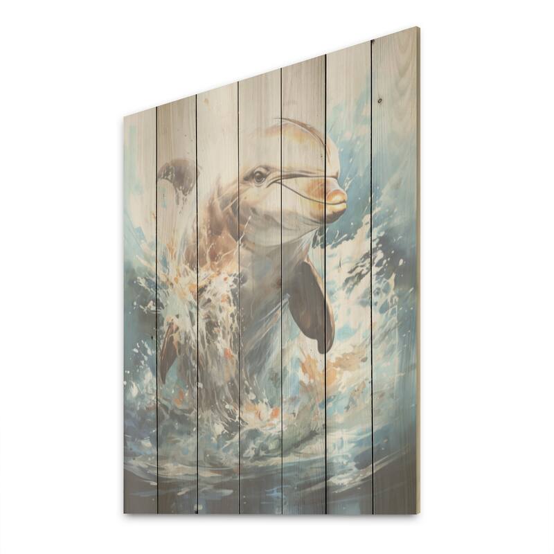 Designart "Dolphin Elegance" Dolphin Wood Wall Decor - Modern Grey Wood Panel On Natural Pine Wood