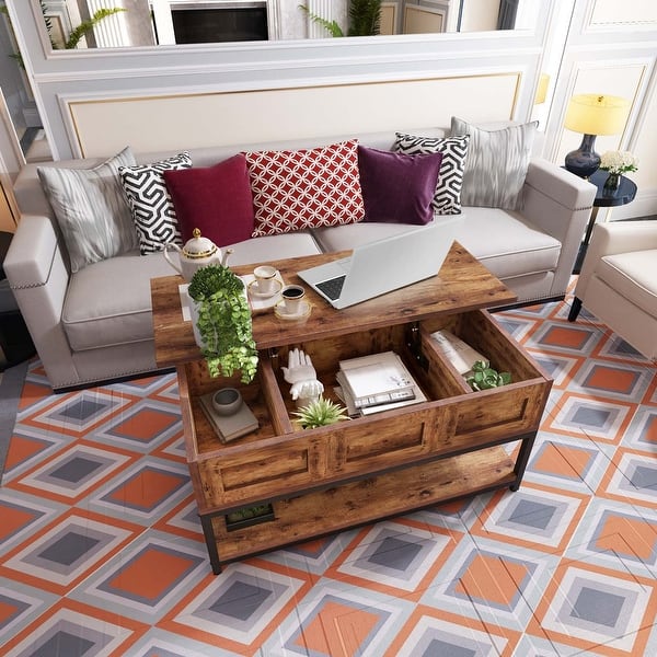 Liftable Desktop Coffee Table with Open Shelf and Hidden Storage Space