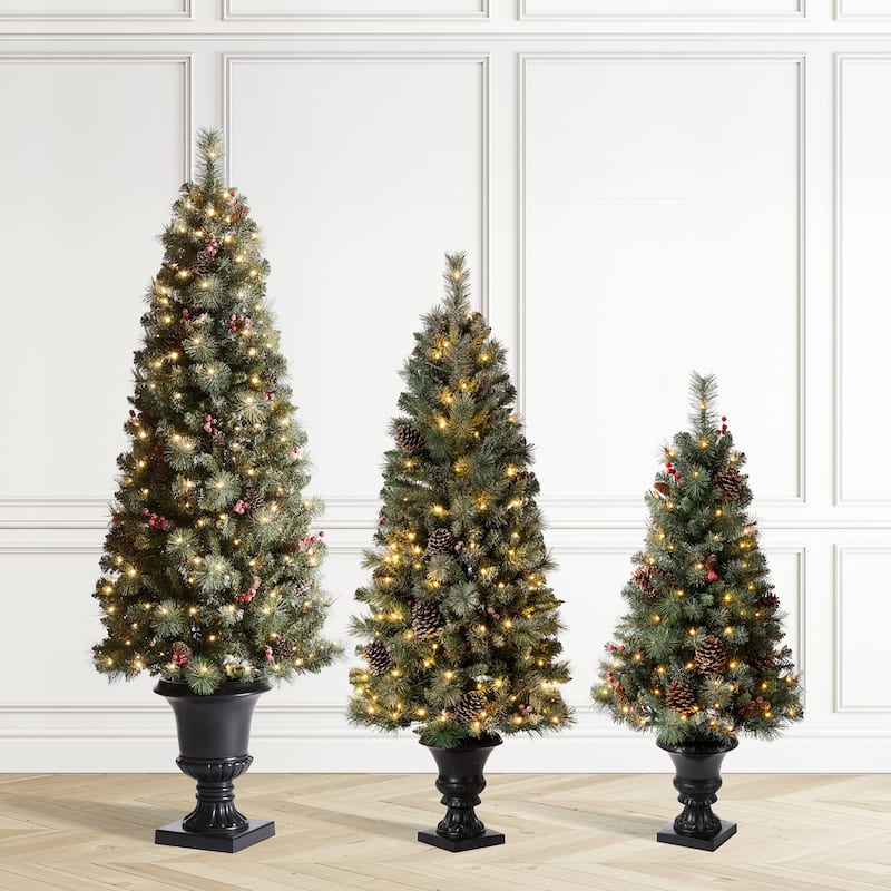 3 Piece 4ft&5ft&6ft Pre-Lit Artificial Flocked Pine Tree Christmas Holiday Party Decorations by Glitzhome
