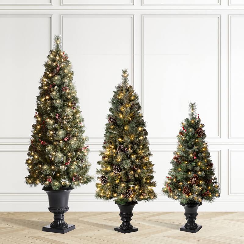 Glitzhome 4ft/5ft/6ft Flocked Pine Christmas Potted Porch Tree With Warm White Lights - Set of 3-4FT&5FT&6FT