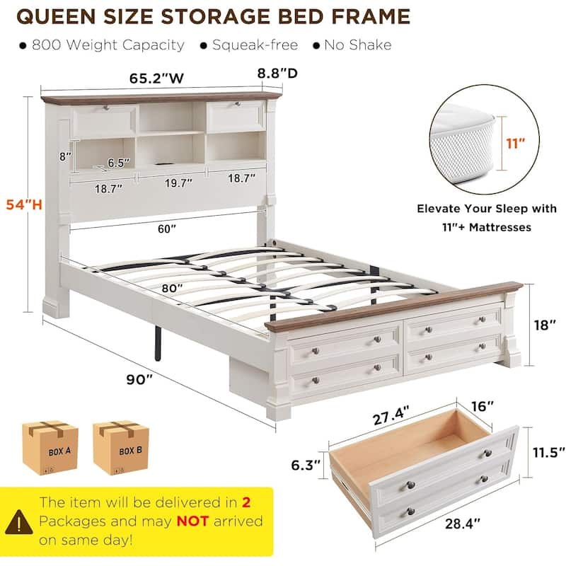 Farmhouse King Size Bed Frame with 54" Tall Storage Bookcase Headboard