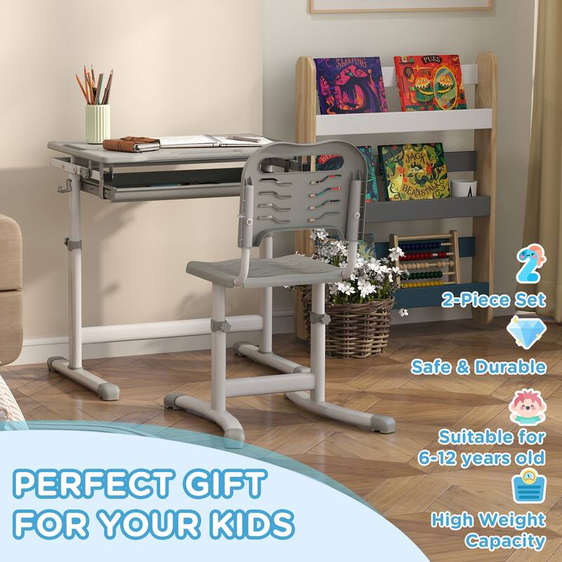 Adjustable Kids Desk and Chair Set Gray MDF Steel with Tilt Desktop and Drawer for Children Ages 6-12