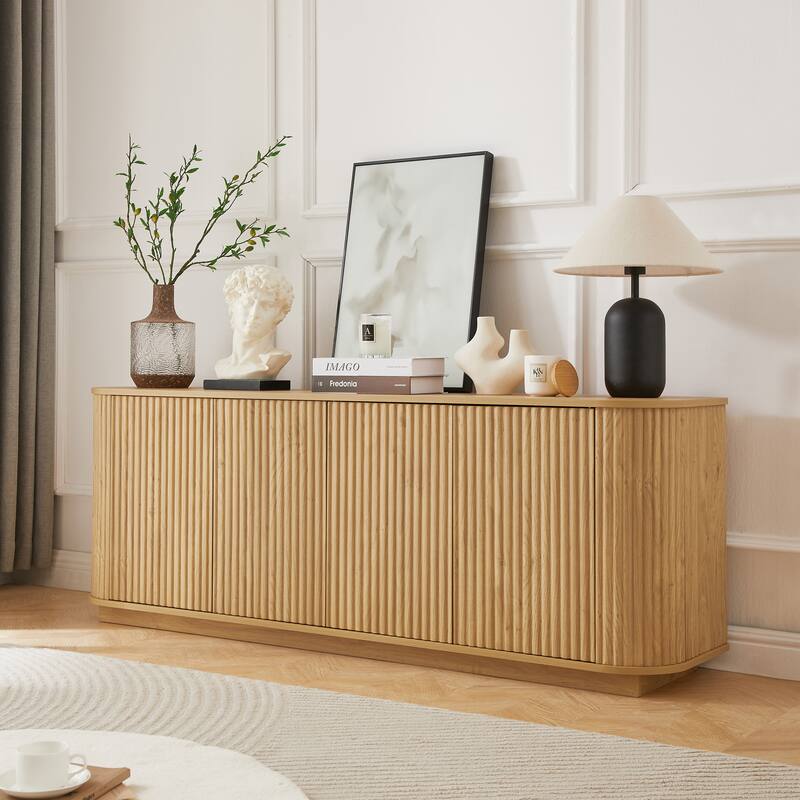 64-inch 4 Doors Cabinet TV Stand, Wooden Vertical Striped Cabinet, Curved Media Console Table with Storage & Adjustable Shelving