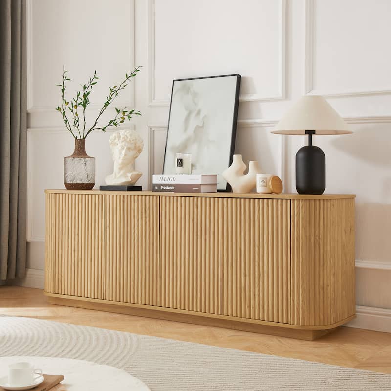 Wave Pattern Storage Cabinet, Stylish Wooden Sideboard with Pressed Spring Door - Natural